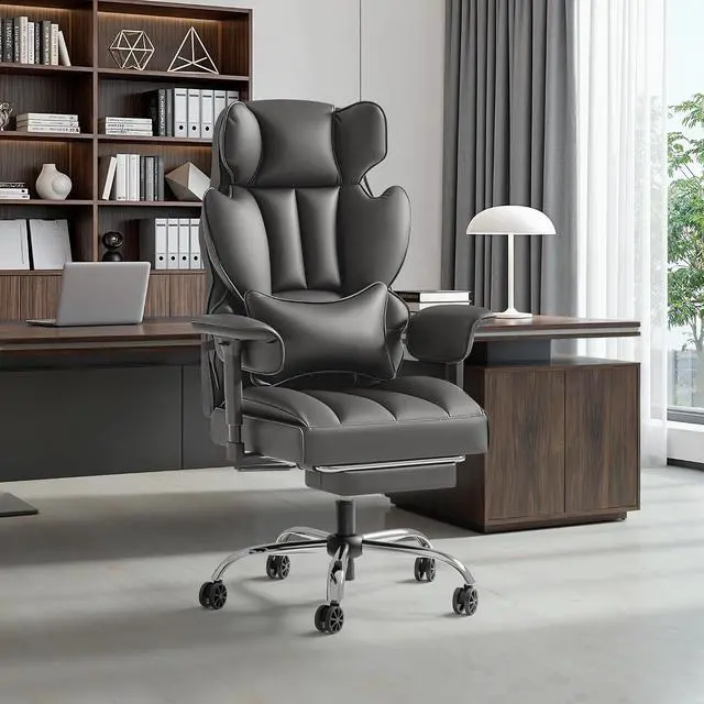 Alt view image 2 of 7 - Big and Tall Office Chair, High Back Gaming Chair with Footrest for Heavy People, 400LBS Ergonomic Comfy Office Chair with Adjustable Armrests for Home Office (Grey)