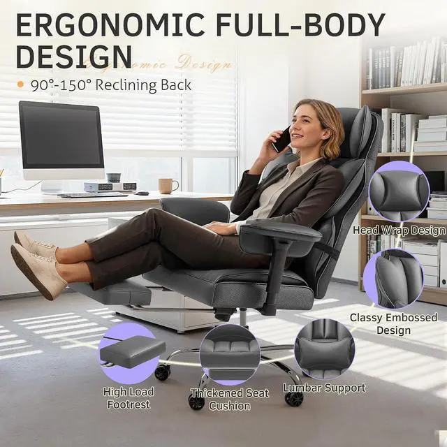 Alt view image 4 of 7 - Big and Tall Office Chair, High Back Gaming Chair with Footrest for Heavy People, 400LBS Ergonomic Comfy Office Chair with Adjustable Armrests for Home Office (Grey)