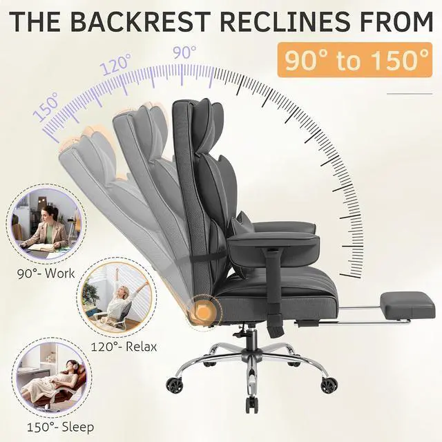 Alt view image 5 of 7 - Big and Tall Office Chair, High Back Gaming Chair with Footrest for Heavy People, 400LBS Ergonomic Comfy Office Chair with Adjustable Armrests for Home Office (Grey)