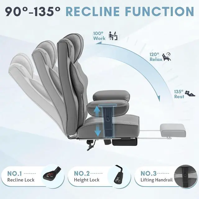 Alt view image 6 of 7 - Massage Office Chair with Foot Rest for Heavy People, Big and Tall Ergonomic Desk Chair 400LBS Reclining High Back Executive Chair with Adjustable Armrests (Leather, Gray)