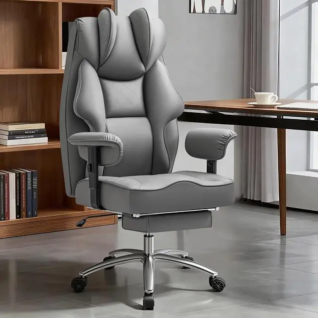 Alt view image 7 of 7 - Massage Office Chair with Foot Rest for Heavy People, Big and Tall Ergonomic Desk Chair 400LBS Reclining High Back Executive Chair with Adjustable Armrests (Leather, Gray)
