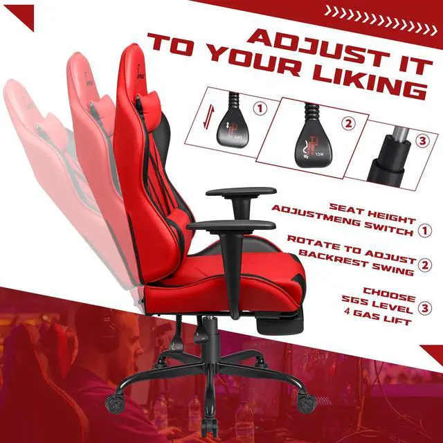 Alt view image 6 of 6 - Office Chair Leather Desk Gaming Chair, High Back Ergonomic Adjustable Racing Chair,Task Swivel Executive Computer Chair Headrest and Lumbar Support (Red)