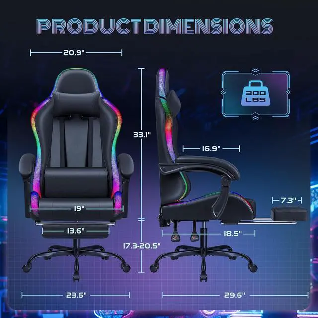Alt view image 3 of 7 - Gaming Chair with RGB LED Lights, Video Game Chair with Footrest and Massage Lumbar Support, High Back Reclining Computer Chair with Headrest, Swivel Seat Gamer Chair (LED Black)