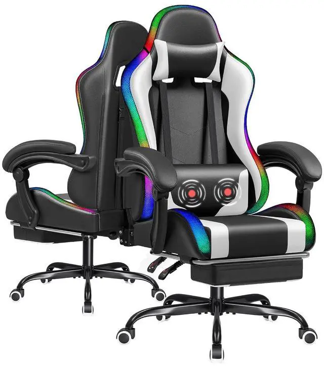 Main image of Gaming Chair with RGB LED Lights, Video Game Chair with Footrest and Massage Lumbar Support, High Back Reclining Computer Chair with Headrest, Swivel Seat Gamer Chair (LED White)