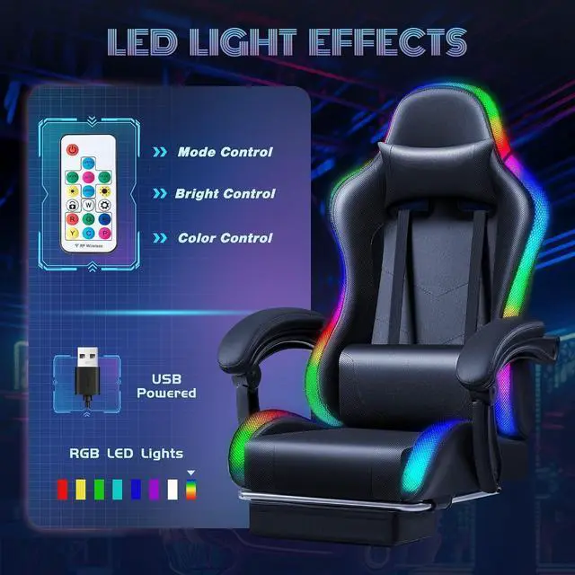 Alt view image 4 of 7 - Gaming Chair with RGB LED Lights, Video Game Chair with Footrest and Massage Lumbar Support, High Back Reclining Computer Chair with Headrest, Swivel Seat Gamer Chair (LED Black)