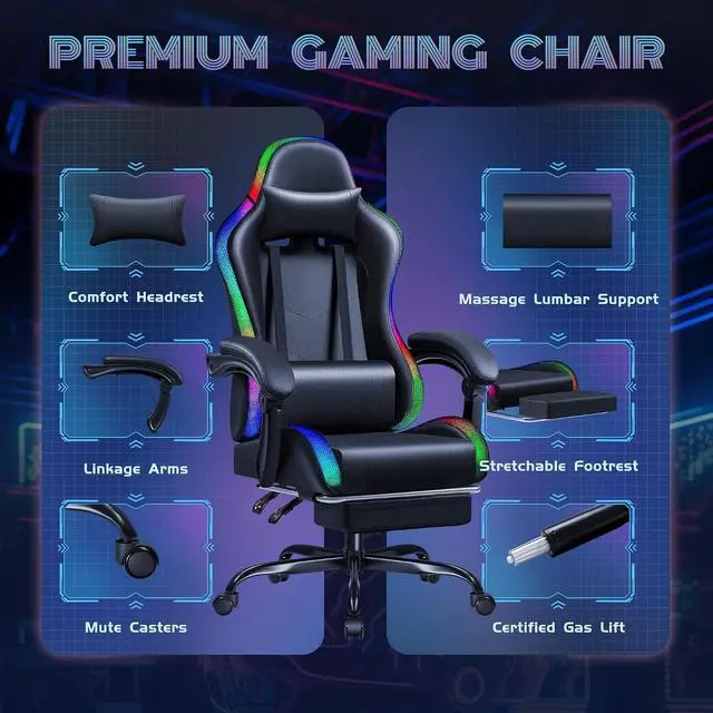 Alt view image 5 of 7 - Gaming Chair with RGB LED Lights, Video Game Chair with Footrest and Massage Lumbar Support, High Back Reclining Computer Chair with Headrest, Swivel Seat Gamer Chair (LED Black)