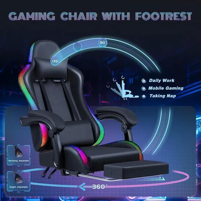 Alt view image 6 of 7 - Gaming Chair with RGB LED Lights, Video Game Chair with Footrest and Massage Lumbar Support, High Back Reclining Computer Chair with Headrest, Swivel Seat Gamer Chair (LED Black)