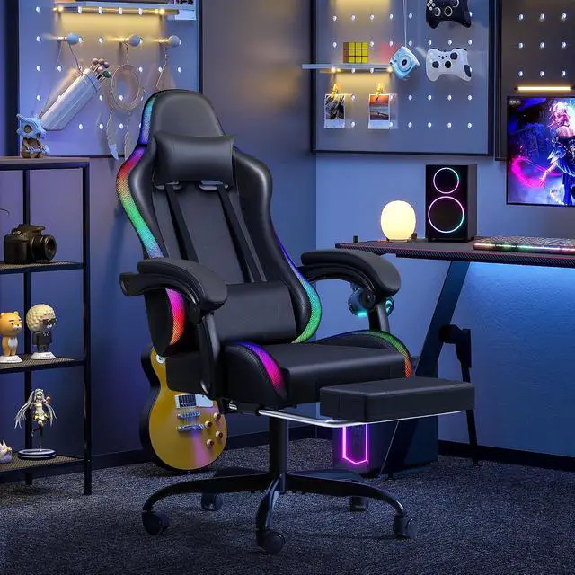 Alt view image 2 of 7 - Gaming Chair with RGB LED Lights, Video Game Chair with Footrest and Massage Lumbar Support, High Back Reclining Computer Chair with Headrest, Swivel Seat Gamer Chair (LED Black)