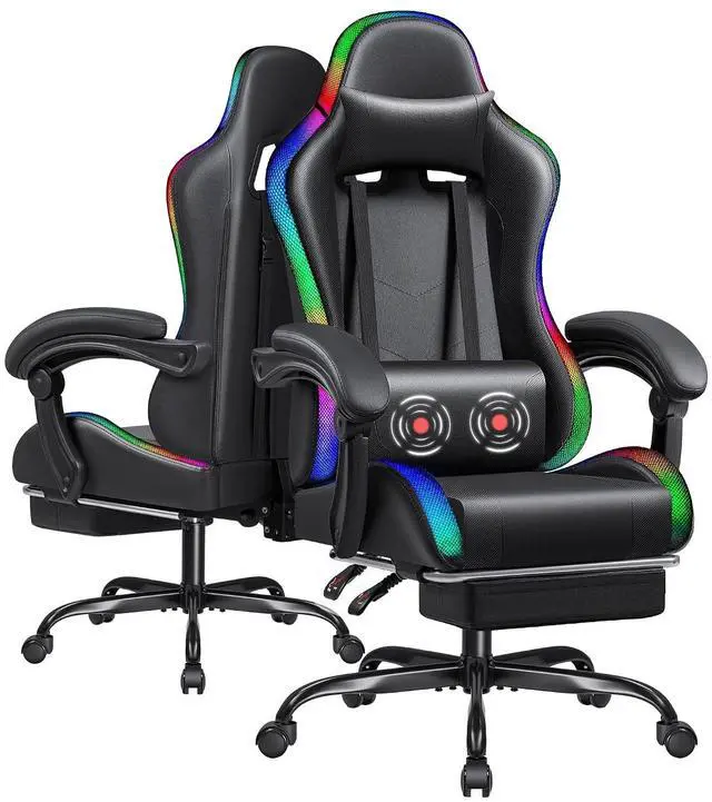 Main image of Gaming Chair with RGB LED Lights, Video Game Chair with Footrest and Massage Lumbar Support, High Back Reclining Computer Chair with Headrest, Swivel Seat Gamer Chair (LED Black)