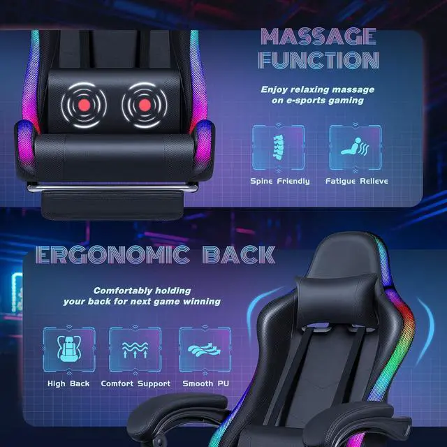 Alt view image 7 of 7 - Gaming Chair with RGB LED Lights, Video Game Chair with Footrest and Massage Lumbar Support, High Back Reclining Computer Chair with Headrest, Swivel Seat Gamer Chair (LED Black)