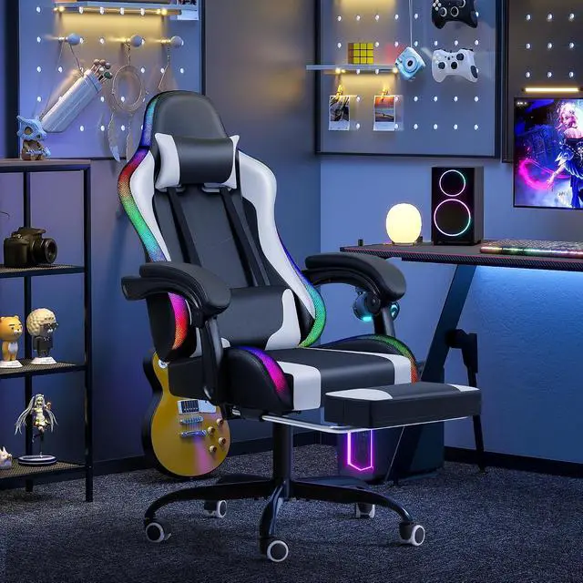 Alt view image 2 of 7 - Gaming Chair with RGB LED Lights, Video Game Chair with Footrest and Massage Lumbar Support, High Back Reclining Computer Chair with Headrest, Swivel Seat Gamer Chair (LED White)