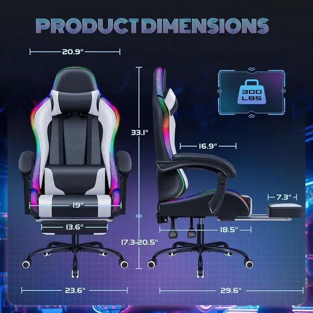 Alt view image 3 of 7 - Gaming Chair with RGB LED Lights, Video Game Chair with Footrest and Massage Lumbar Support, High Back Reclining Computer Chair with Headrest, Swivel Seat Gamer Chair (LED White)