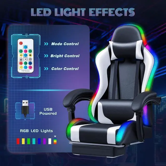 Alt view image 4 of 7 - Gaming Chair with RGB LED Lights, Video Game Chair with Footrest and Massage Lumbar Support, High Back Reclining Computer Chair with Headrest, Swivel Seat Gamer Chair (LED White)