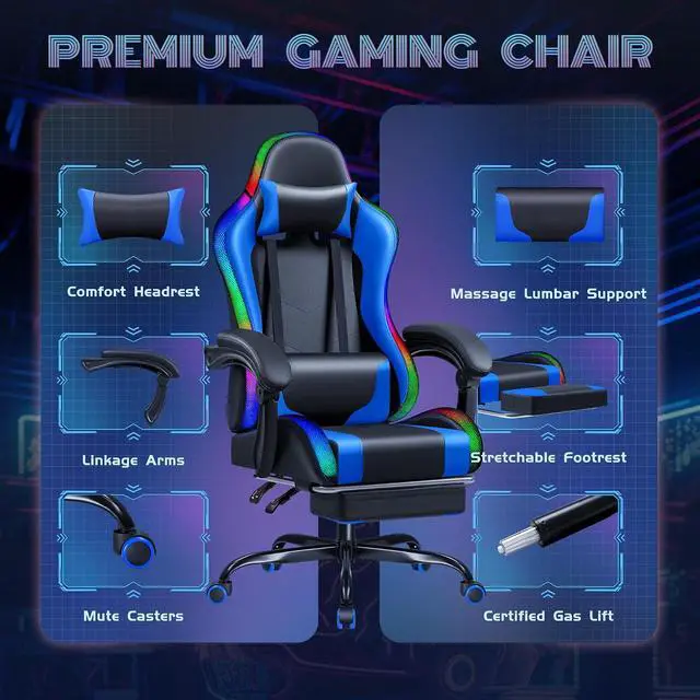 Alt view image 5 of 7 - Gaming Chair with RGB LED Lights, Video Game Chair with Footrest and Massage Lumbar Support, High Back Reclining Computer Chair with Headrest, Swivel Seat Gamer Chair (LED Blue)