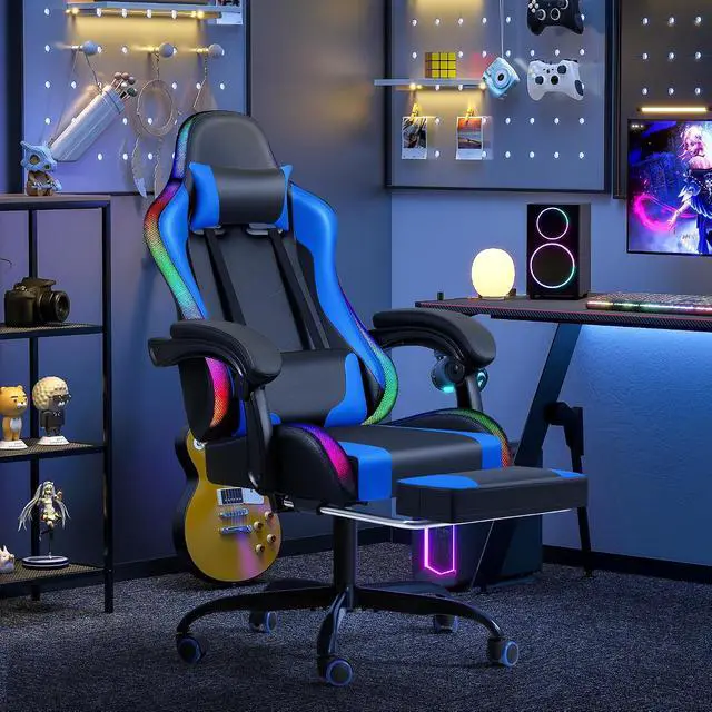 Alt view image 2 of 7 - Gaming Chair with RGB LED Lights, Video Game Chair with Footrest and Massage Lumbar Support, High Back Reclining Computer Chair with Headrest, Swivel Seat Gamer Chair (LED Blue)