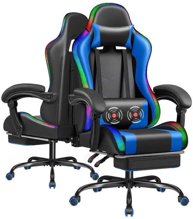 Main image of Gaming Chair with RGB LED Lights, Video Game Chair with Footrest and Massage Lumbar Support, High Back Reclining Computer Chair with Headrest, Swivel Seat Gamer Chair (LED Blue)