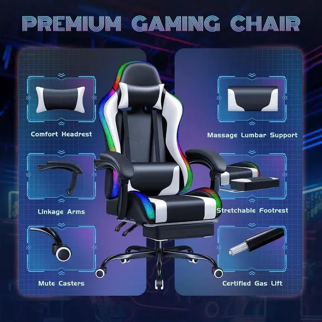 Alt view image 5 of 7 - Gaming Chair with RGB LED Lights, Video Game Chair with Footrest and Massage Lumbar Support, High Back Reclining Computer Chair with Headrest, Swivel Seat Gamer Chair (LED White)
