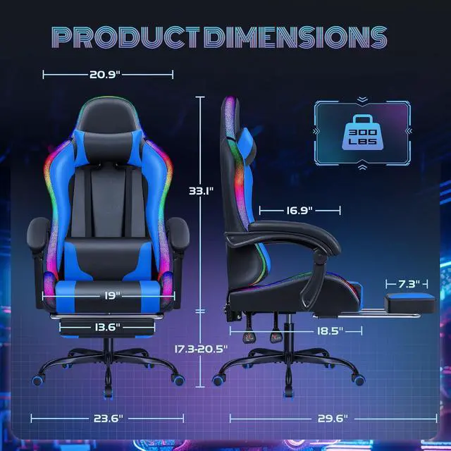Alt view image 3 of 7 - Gaming Chair with RGB LED Lights, Video Game Chair with Footrest and Massage Lumbar Support, High Back Reclining Computer Chair with Headrest, Swivel Seat Gamer Chair (LED Blue)