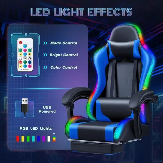Alt view image 4 of 7 - Gaming Chair with RGB LED Lights, Video Game Chair with Footrest and Massage Lumbar Support, High Back Reclining Computer Chair with Headrest, Swivel Seat Gamer Chair (LED Blue)