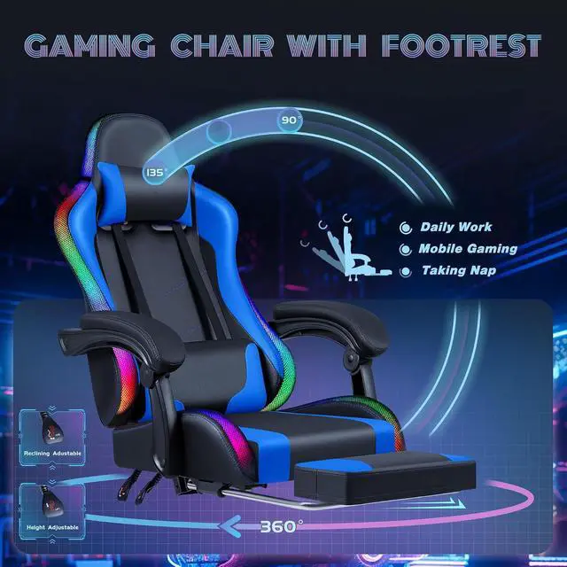 Alt view image 6 of 7 - Gaming Chair with RGB LED Lights, Video Game Chair with Footrest and Massage Lumbar Support, High Back Reclining Computer Chair with Headrest, Swivel Seat Gamer Chair (LED Blue)