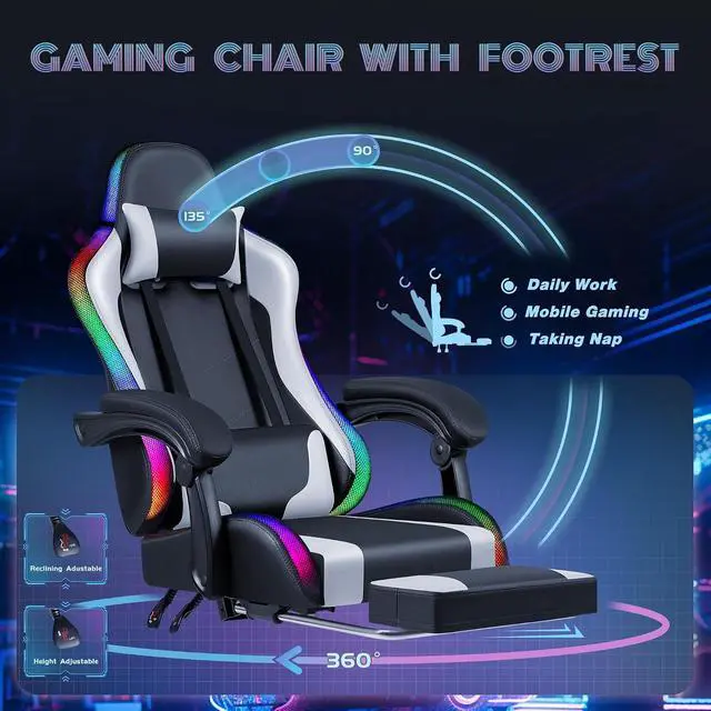 Alt view image 6 of 7 - Gaming Chair with RGB LED Lights, Video Game Chair with Footrest and Massage Lumbar Support, High Back Reclining Computer Chair with Headrest, Swivel Seat Gamer Chair (LED White)