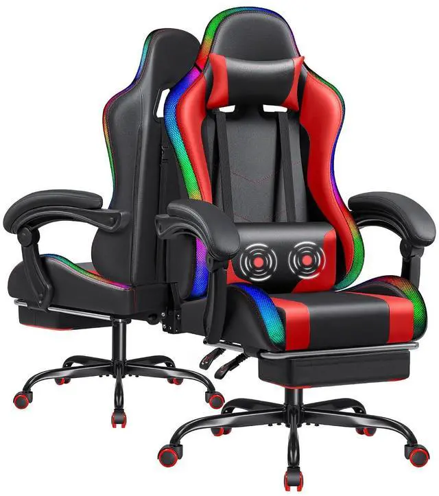 Main image of Gaming Chair with RGB LED Lights, Video Game Chair with Footrest and Massage Lumbar Support, High Back Reclining Computer Chair with Headrest, Swivel Seat Gamer Chair (LED Red)