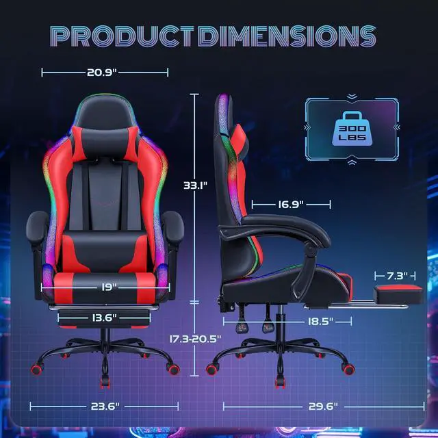 Alt view image 3 of 7 - Gaming Chair with RGB LED Lights, Video Game Chair with Footrest and Massage Lumbar Support, High Back Reclining Computer Chair with Headrest, Swivel Seat Gamer Chair (LED Red)