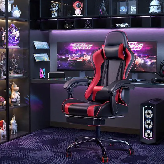Alt view image 2 of 7 - Gaming Chair, Video Game Chair with Footrest and Massage Lumbar Support, Swivel Seat Height Adjustable Computer Chair with Headrest, Racing E-Sport Gamer Chair (Red)