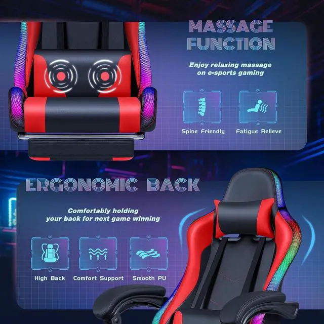 Alt view image 7 of 7 - Gaming Chair with RGB LED Lights, Video Game Chair with Footrest and Massage Lumbar Support, High Back Reclining Computer Chair with Headrest, Swivel Seat Gamer Chair (LED Red)