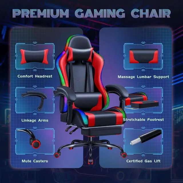 Alt view image 5 of 7 - Gaming Chair with RGB LED Lights, Video Game Chair with Footrest and Massage Lumbar Support, High Back Reclining Computer Chair with Headrest, Swivel Seat Gamer Chair (LED Red)