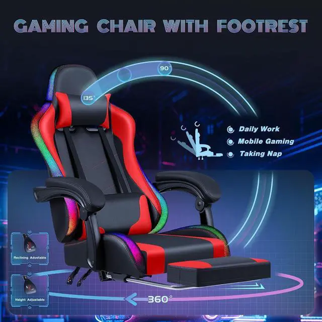Alt view image 6 of 7 - Gaming Chair with RGB LED Lights, Video Game Chair with Footrest and Massage Lumbar Support, High Back Reclining Computer Chair with Headrest, Swivel Seat Gamer Chair (LED Red)
