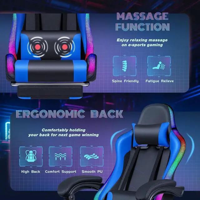 Alt view image 7 of 7 - Gaming Chair with RGB LED Lights, Video Game Chair with Footrest and Massage Lumbar Support, High Back Reclining Computer Chair with Headrest, Swivel Seat Gamer Chair (LED Blue)