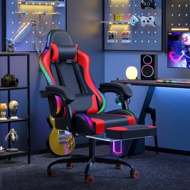 Alt view image 2 of 7 - Gaming Chair with RGB LED Lights, Video Game Chair with Footrest and Massage Lumbar Support, High Back Reclining Computer Chair with Headrest, Swivel Seat Gamer Chair (LED Red)