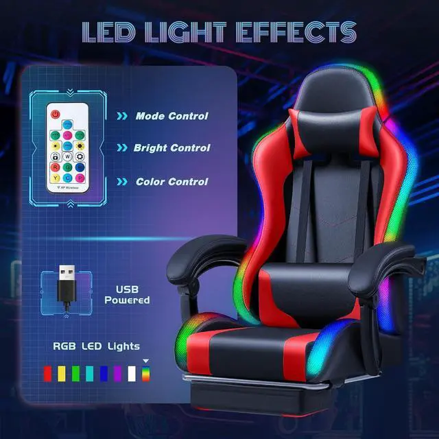Alt view image 4 of 7 - Gaming Chair with RGB LED Lights, Video Game Chair with Footrest and Massage Lumbar Support, High Back Reclining Computer Chair with Headrest, Swivel Seat Gamer Chair (LED Red)