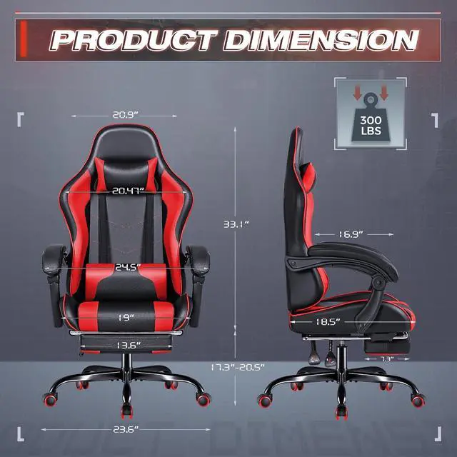 Alt view image 3 of 7 - Gaming Chair, Video Game Chair with Footrest and Massage Lumbar Support, Swivel Seat Height Adjustable Computer Chair with Headrest, Racing E-Sport Gamer Chair (Red)