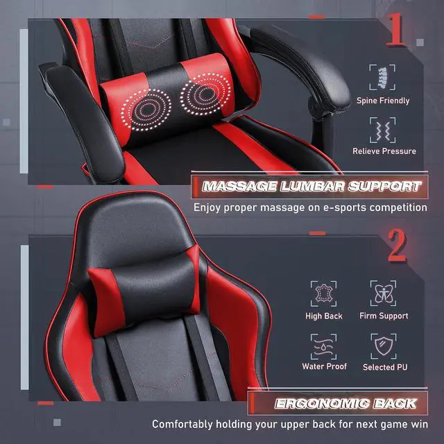Alt view image 4 of 7 - Gaming Chair, Video Game Chair with Footrest and Massage Lumbar Support, Swivel Seat Height Adjustable Computer Chair with Headrest, Racing E-Sport Gamer Chair (Red)