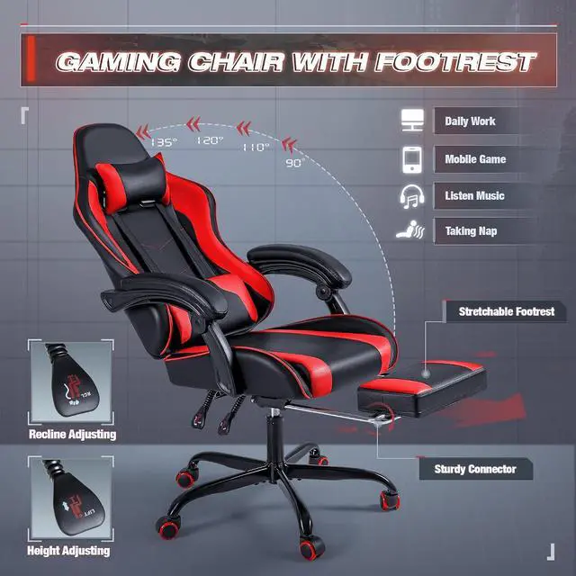 Alt view image 5 of 7 - Gaming Chair, Video Game Chair with Footrest and Massage Lumbar Support, Swivel Seat Height Adjustable Computer Chair with Headrest, Racing E-Sport Gamer Chair (Red)