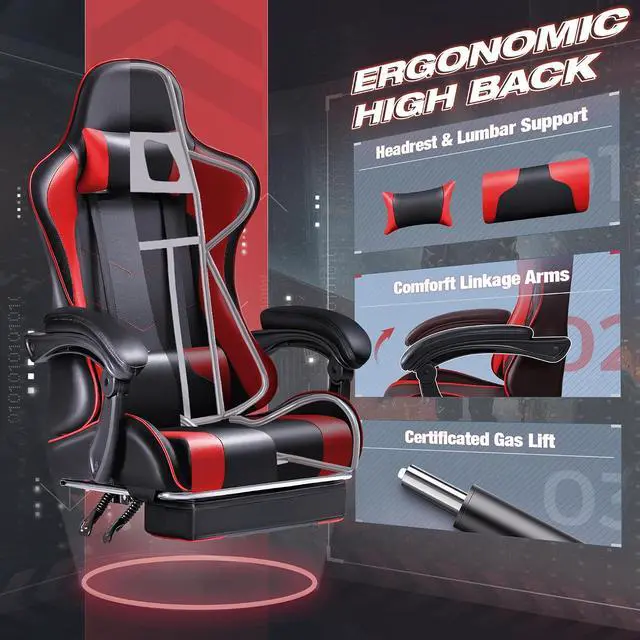 Alt view image 7 of 7 - Gaming Chair, Video Game Chair with Footrest and Massage Lumbar Support, Swivel Seat Height Adjustable Computer Chair with Headrest, Racing E-Sport Gamer Chair (Red)