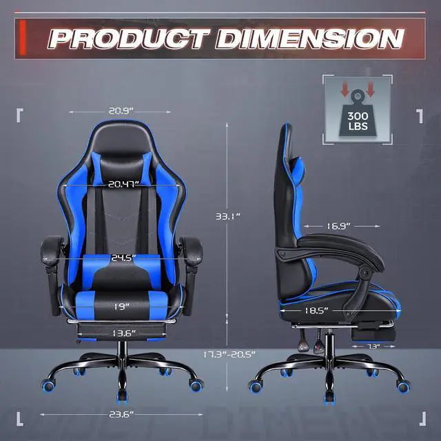Alt view image 3 of 7 - Gaming Chair, Video Game Chair with Footrest and Massage Lumbar Support, Swivel Seat Height Adjustable Computer Chair with Headrest, Racing E-Sport Gamer Chair (Blue)