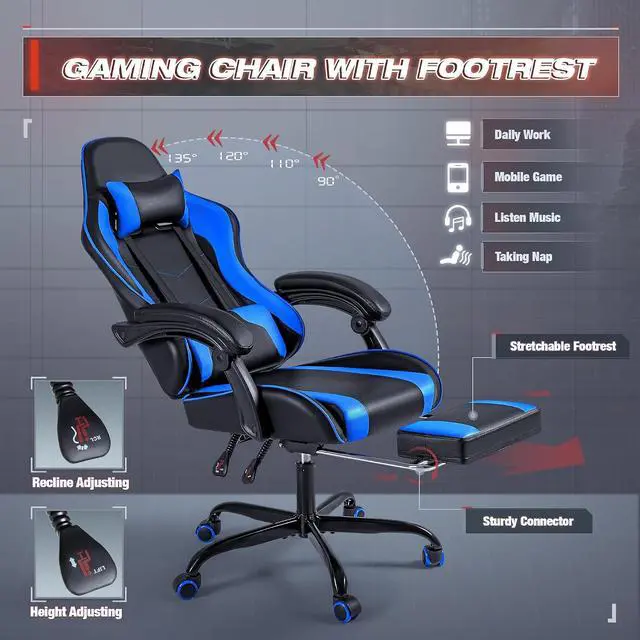 Alt view image 5 of 7 - Gaming Chair, Video Game Chair with Footrest and Massage Lumbar Support, Swivel Seat Height Adjustable Computer Chair with Headrest, Racing E-Sport Gamer Chair (Blue)