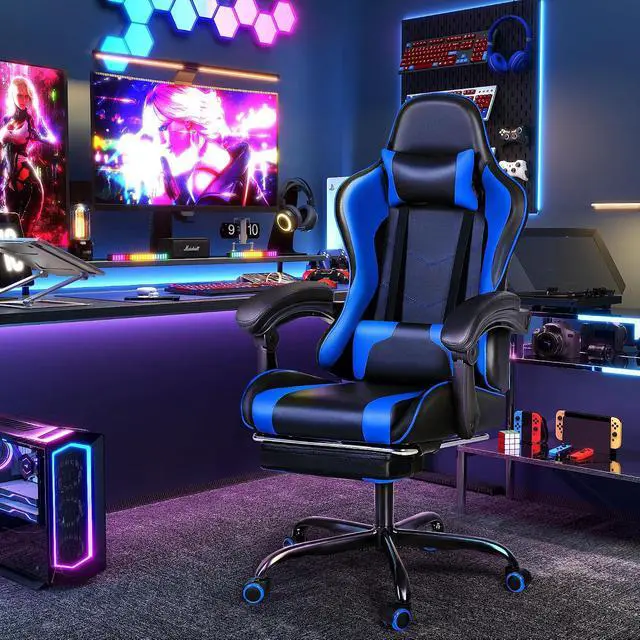 Alt view image 2 of 7 - Gaming Chair, Video Game Chair with Footrest and Massage Lumbar Support, Swivel Seat Height Adjustable Computer Chair with Headrest, Racing E-Sport Gamer Chair (Blue)