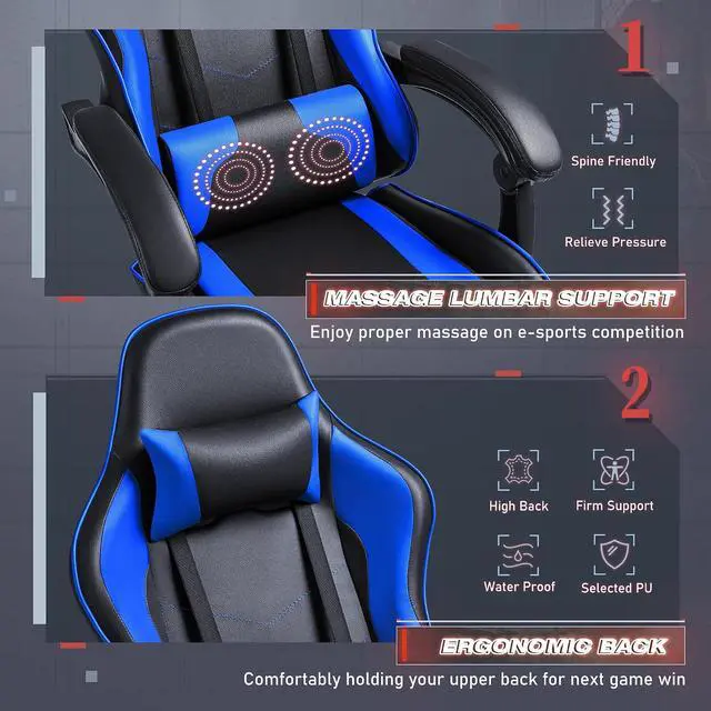 Alt view image 4 of 7 - Gaming Chair, Video Game Chair with Footrest and Massage Lumbar Support, Swivel Seat Height Adjustable Computer Chair with Headrest, Racing E-Sport Gamer Chair (Blue)