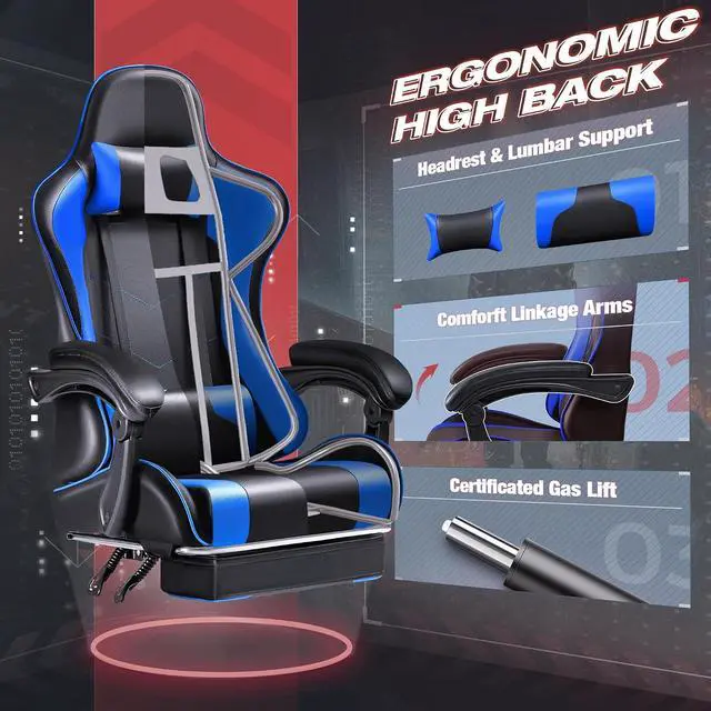 Alt view image 7 of 7 - Gaming Chair, Video Game Chair with Footrest and Massage Lumbar Support, Swivel Seat Height Adjustable Computer Chair with Headrest, Racing E-Sport Gamer Chair (Blue)