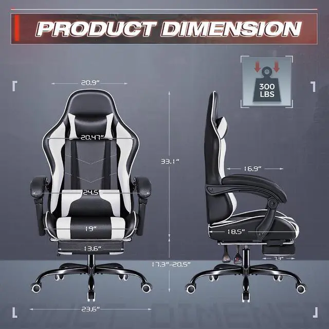 Alt view image 3 of 7 - Gaming Chair, Video Game Chair with Footrest and Massage Lumbar Support, Swivel Seat Height Adjustable Computer Chair with Headrest, Racing E-Sport Gamer Chair (White)
