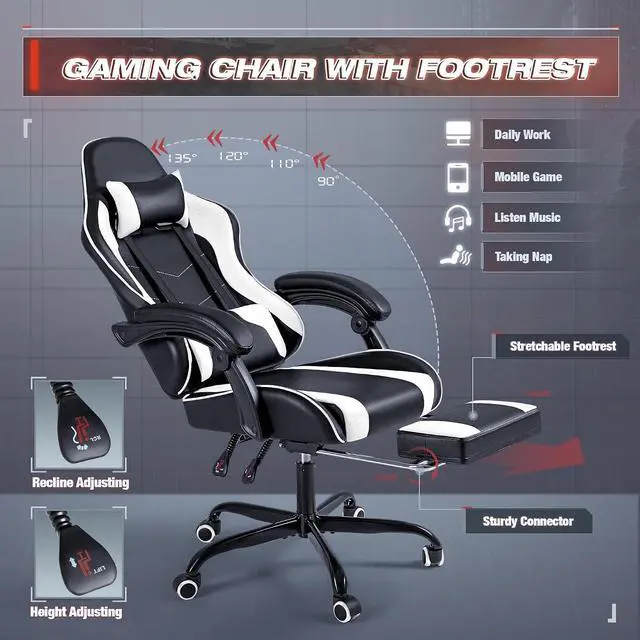 Alt view image 5 of 7 - Gaming Chair, Video Game Chair with Footrest and Massage Lumbar Support, Swivel Seat Height Adjustable Computer Chair with Headrest, Racing E-Sport Gamer Chair (White)