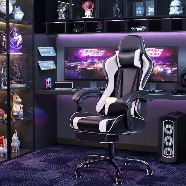 Alt view image 2 of 7 - Gaming Chair, Video Game Chair with Footrest and Massage Lumbar Support, Swivel Seat Height Adjustable Computer Chair with Headrest, Racing E-Sport Gamer Chair (White)