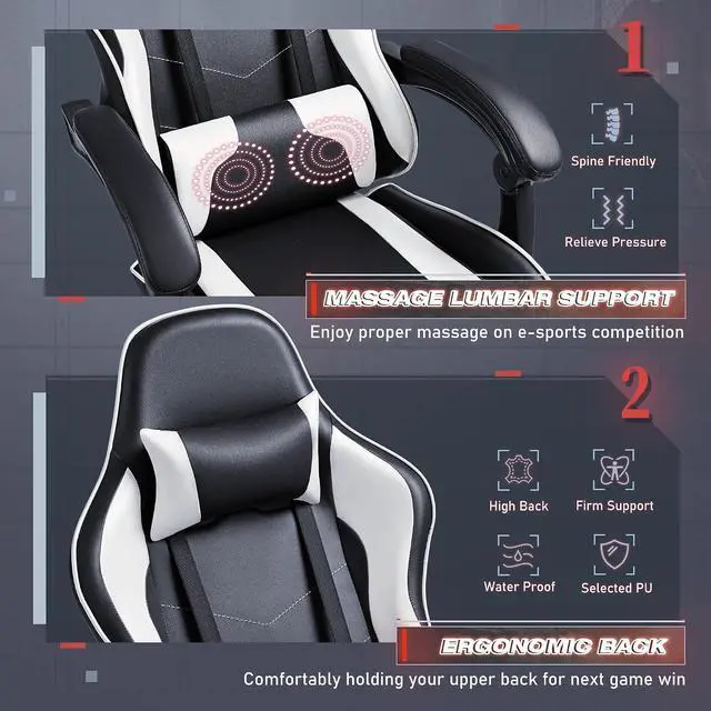 Alt view image 4 of 7 - Gaming Chair, Video Game Chair with Footrest and Massage Lumbar Support, Swivel Seat Height Adjustable Computer Chair with Headrest, Racing E-Sport Gamer Chair (White)