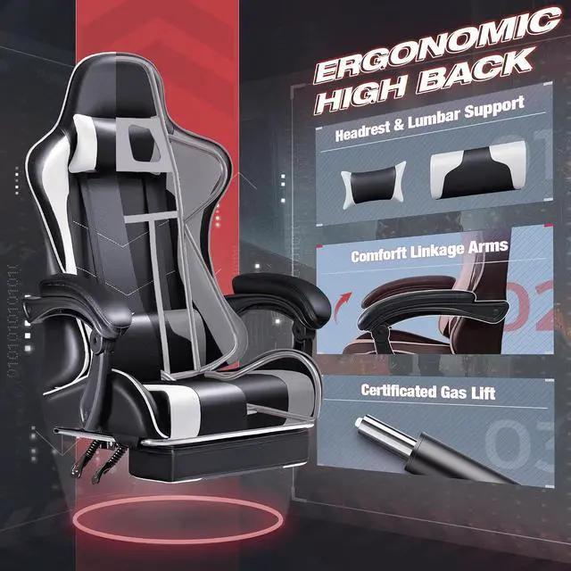 Alt view image 7 of 7 - Gaming Chair, Video Game Chair with Footrest and Massage Lumbar Support, Swivel Seat Height Adjustable Computer Chair with Headrest, Racing E-Sport Gamer Chair (White)