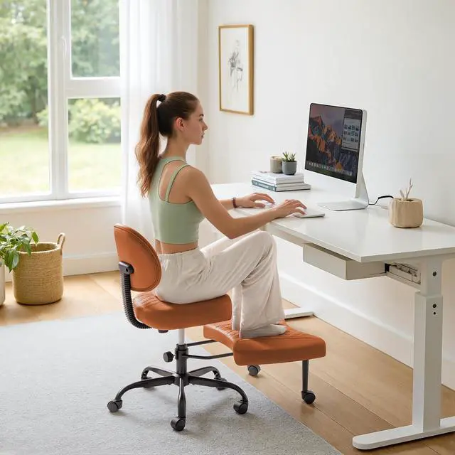 Main image of Ergonomic Criss Cross Legged Office Chair with Wheels, 360°Swivel Adjustable Height Kneeling Desk Chair with Footrest for ADHD, Yoga, Meditation, Home Office (Leather, Brown)