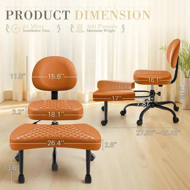 Alt view image 2 of 7 - Ergonomic Criss Cross Legged Office Chair with Wheels, 360°Swivel Adjustable Height Kneeling Desk Chair with Footrest for ADHD, Yoga, Meditation, Home Office (Leather, Brown)